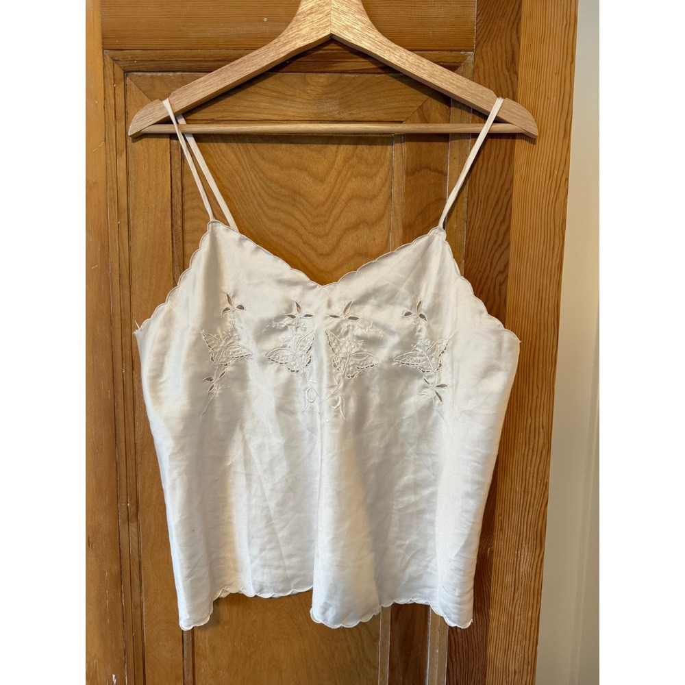 Vintage Iris Lingerie Ivory Satin Butterfly Embroidered Camisole Scallop Top